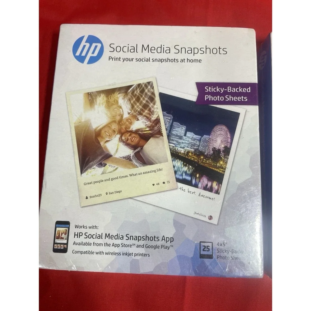 2 NEW SEALED HP Photo Paper, Sticky Back Social Media Snapshots (4x5